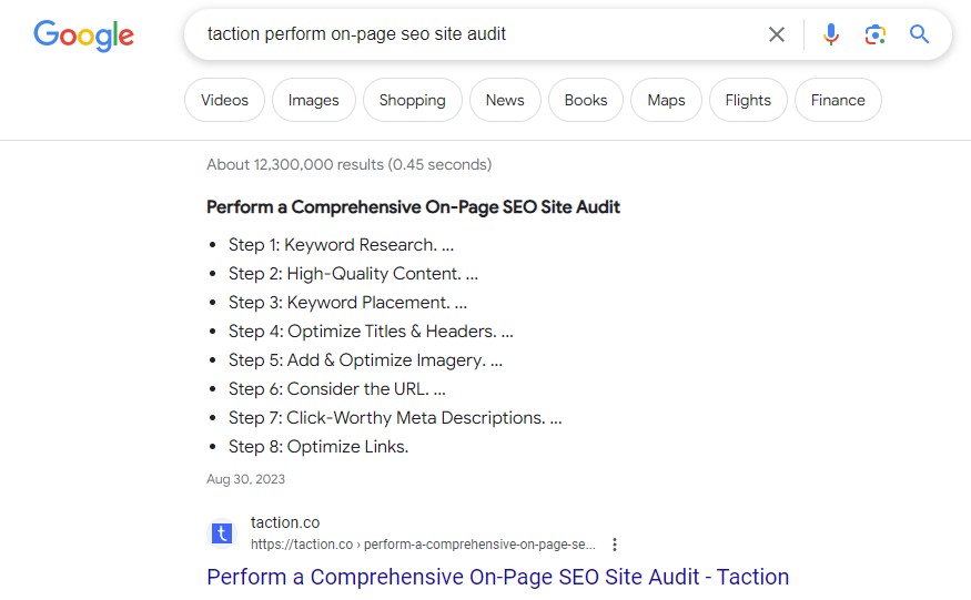google search results snippet of taction on-page seo site audit blog post